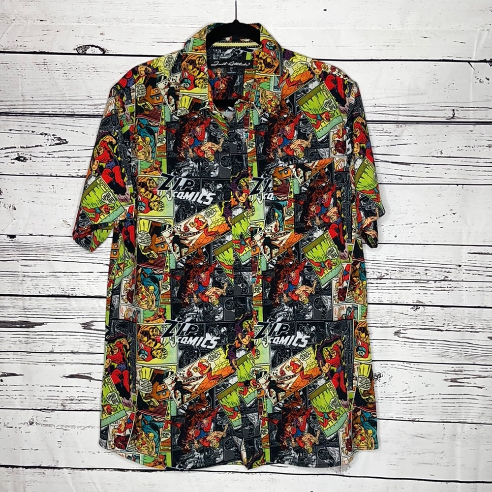 Just Attitude Size L Zip Comic Strip Superhero Graphic Print Button Down Shirt